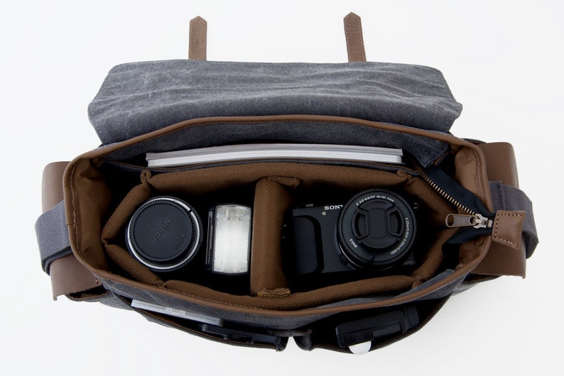 Camera Bag, Unisex bag, School Bag, Shoulder bag, Crossbody bag, Travel Bag, Gray Canvas, camera equipment, gift for photographer, TRAIL image 3