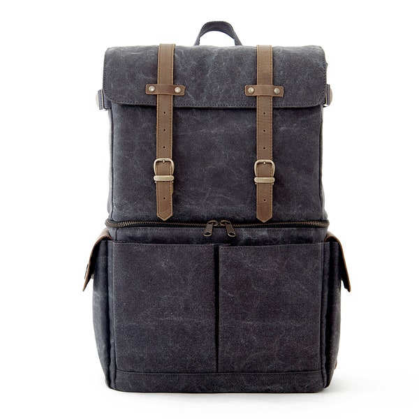 Gray Canvas Camera Backpack: Leather Accents, 15-inch Laptop Bag