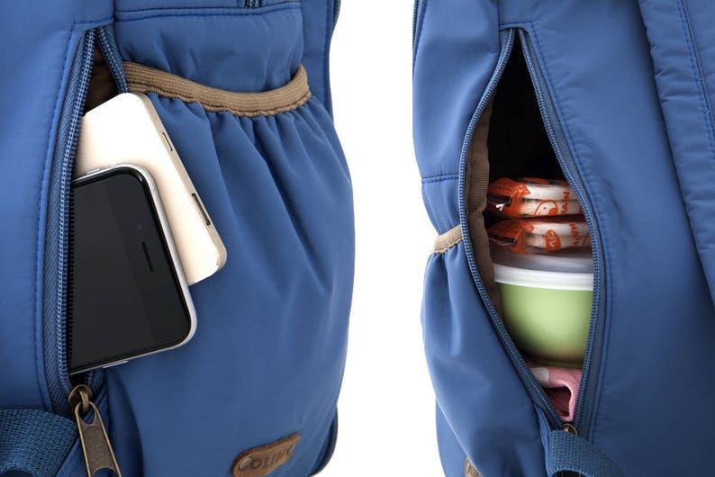 May include: A blue backpack with two zippered pockets. The left pocket has a phone and a white charger inside. The right pocket has a container of food inside.