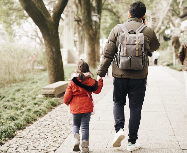 May include: A father and daughter walk hand-in-hand down a paved path. The father is wearing a brown jacket and a gray backpack. The daughter is wearing a red jacket and black leggings. They are walking through a park with trees on either side of the path.