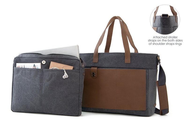 Sac à langer, sac messager, sac d'école, avec pochette pour ordinateur portable, pochette pour iPad, cadeau de naissance, cadeau pour maman, cadeau pour papa, futurs parents, LOFT, Gris image 2