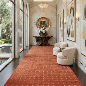 Modern Terracotta Runner Rug, Hallway Runner 3x10, 4x16, Cross Pattern Carpet, Rust Hall Rug, Boho Hand Tufted Wool Runner, Entryway Decor