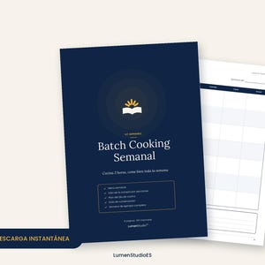 May include: A dark blue digital planner cover titled Batch Cooking Semanal with a white book icon and sun rays. Below the title, the text reads Cocina 2 horas, come bien toda la semana, followed by a list of contents and the text DESCARGA INSTANTÁNEA.