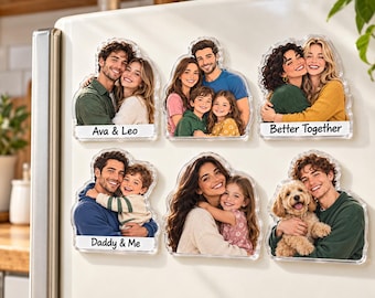 Custom Photo Fridge Magnet, Personalized Acrylic Portrait with Names, Real Photo or Illustrated, Couple, Family & Pet Keepsake Gift