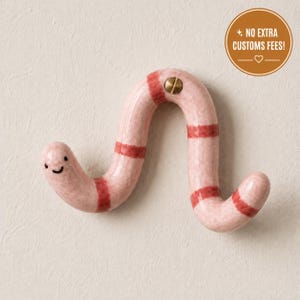May include: A pink ceramic wall hook shaped like a segmented worm with a smiling face, black eyes, and dark pink bands. The hook features a single brass-coloured screw head visible on the top curve for mounting purposes.
