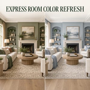 May include: A split-screen comparison titled EXPRESS ROOM COLOR REFRESH showing a living room with a fireplace, built-in shelves, a beige sofa, and a round wooden coffee table. The left side features sage green walls, while the right side features light blue walls.