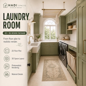 May include: A laundry room interior design advertisement featuring sage green cabinets, a white farmhouse sink, brass hardware, a ceiling-mounted drying rack, and dark gray appliances. Text includes HADI SPACES LAUNDRY ROOM 2D + 3D DESIGN PACKAGE.