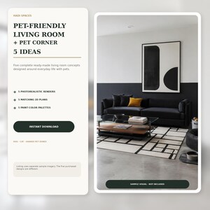 Op de afbeelding: Een digitaal productoverzicht voor huisdiervriendelijke woonkamerconcepten. De afbeelding toont een zwarte bank, een glazen salontafel, een geometrisch vloerkleed en abstracte kunst aan de muur, met tekst die vijf kant-en-klare interieurideeën beschrijft.