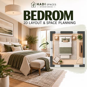 May include: A bedroom interior design graphic by Hadi Spaces featuring a 2D layout and space planning diagram. The image displays a bed with olive green and cream bedding, a wooden bench, and a floor plan showing furniture placement.