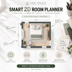 May include: A digital interior design tool titled Smart 2D Room Planner by Hadi Spaces. The graphic displays a 12' 0" by 10' 0" bedroom floor plan with furniture, including a bed, rug, chair, and plants, alongside icons for planning and layout.