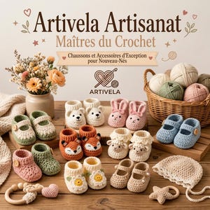 May include: A collection of handmade crochet baby booties featuring animal and floral designs, including fox, bear, sheep, and daisy motifs. The display includes a wicker basket filled with yarn balls, a wooden rattle, and a crochet bonnet.
