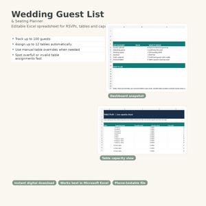 Könnte beinhalten: Eine digitale Excel-Tabelle für Hochzeitsgästelisten und Sitzpläne. Enthält eine Dashboard-Übersicht und eine Ansicht zur Tischkapazität. Text beinhaltet: Wedding Guest List, Seating Planner, Editable Excel spreadsheet, Dashboard snapshot, Table capacity view.