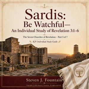 May include: A study guide titled Sardis: Be Watchful—An Individual Study of Revelation 3:1-6, Part 5 of 7. The cover features ancient stone ruins, a sunset, and a cream-colored fringed cloth with a gold menorah emblem. Author: Steven J. Fountain.