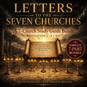 Op de afbeelding: Een studiegidsbundel getiteld Letters to the Seven Churches, met een centrale boekrol met tekst uit Openbaring 2:7, zeven gouden menora's en de namen Efeze, Smyrna, Pergamum, Thyatira, Sardes, Filadelfia en Laodicea.