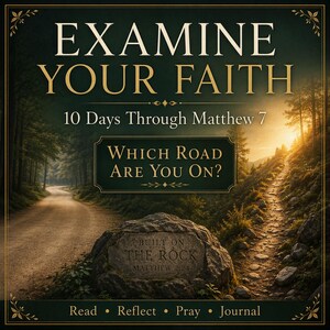 Könnte beinhalten: Eine digitale Grafik mit dem Text EXAMINE YOUR FAITH, 10 Days Through Matthew 7, WHICH ROAD ARE YOU ON? sowie Read, Reflect, Pray, Journal. Ein zentraler Fels zeigt den Text BUILT ON THE ROCK MATTHEW 7:24 zwischen zwei sich gabelnden Wegen.