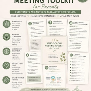 May include: A digital toolkit for parents titled Send School Meeting Toolkit for Parents, featuring ten pages of printable guides, checklists, and questions to facilitate school meetings, including sections on attachment, behavior, and support.
