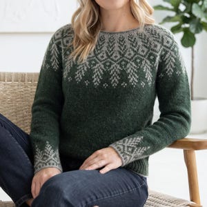 Pode incluir: Uma camisola de manga comprida em verde floresta escuro com decote redondo e um jugo com padrão em cinzento claro. O design inclui motivos geométricos e botânicos intrincados no peito e nos ombros, com padrões a condizer nos punhos.