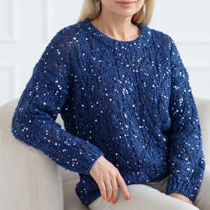 May include: A long-sleeved navy blue jumper featuring an open-knit diamond pattern throughout the fabric. The garment is embellished with numerous small, reflective silver sequins scattered across the front and sleeves, with a round neckline.