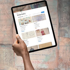 May include: A tablet displaying a digital Design Gallery interface with multiple project cards, including Rendering Act 1 Sc. 2, Light Plot, Props Draft, and Beatrice Act 1, featuring various sketches and metadata on a white screen background.