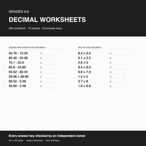 May include: A set of decimal worksheets for grades 5-6, featuring 384 problems across 16 sheets with answer keys. The page displays columns for adding, subtracting, and multiplying decimals, including equations like 40.78 - 10.34 and 8.4 x 9.2.