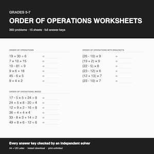 以下が含まれることがあります： グレード5-7向けの数学ワークシートセット「Order of Operations Worksheets」。15枚のシートに360問の問題と解答キーが含まれています。演算の順序、括弧、混合問題のセクションがあり、回答用の空白行が設けられています。