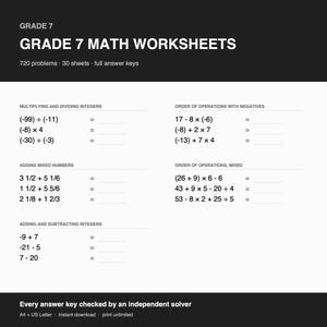 以下が含まれることがあります： 720問の問題を収録した30枚の7年生向け数学ワークシート。解答キー付き。整数のかけ算と割り算、帯分数の足し算、整数の足し算と引き算、四則演算の順序に関するセクションが含まれています。