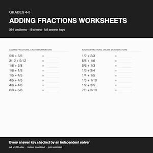 May include: A black and white educational worksheet titled Adding Fractions Worksheets for grades 4-5. It contains 384 problems across 16 sheets with answer keys. The page displays two columns of math problems involving like and unlike denominators.