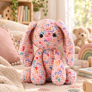 Op de afbeelding: Een gehaakt knuffeldier in de vorm van een konijn, gemaakt van garen met een gespikkeld, veelkleurig patroon van roze, blauw, geel en oranje. Het konijn heeft lange, slappe oren, zwarte plastic ogen en een kleine, effen roze neus.