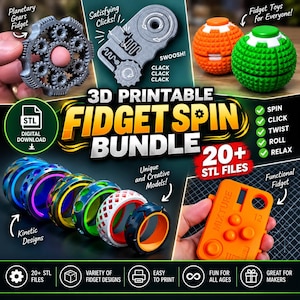 May include: A digital download bundle of 3D printable fidget toys including a planetary gear ring, a mechanical clicker, textured spheres in orange and green, kinetic rings with various patterns, and an orange rectangular fidget controller with buttons.