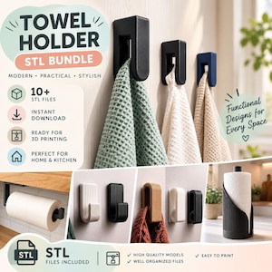 Pode incluir: Um pacote digital de arquivos STL imprimíveis em 3D para toalheiros e suportes de papel toalha. A coleção inclui vários designs de ganchos de parede em preto, branco e bege, com texturas lisas ou estriadas para organização doméstica.