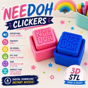 May include: Two square fidget toys labeled NEEDOH CLICKERS, one pink and one blue, each featuring a raised NEEDOH logo. The image includes text detailing features like a satisfying click sound, squishy feel, 3D model, and dimensions of 5.6 inches by 5.6 inches by 3.5 inches.