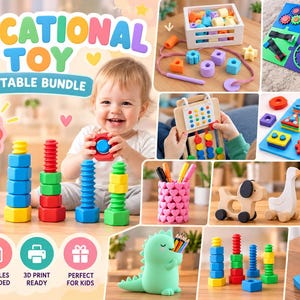 May include: A digital bundle of 10 3D printable educational toy designs, including colorful plastic nut and bolt sets, geometric shape sorting boards, a heart-patterned pencil holder, a dinosaur pen holder, and wooden-style animal pull toys.