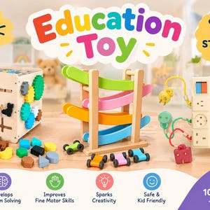 May include: A collection of educational toys including a wooden activity cube with colorful gears, a multi-level wooden ball run track with small toy cars, and a beige plastic power strip sensory board with various colorful plug attachments.