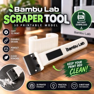 May include: A white Bambu Lab scraper tool with a metal blade attached by two black screws. The handle features the Bambu Lab logo. A separate white plastic component is positioned behind the main tool. Text includes Bambu Lab, Scraper Tool, 3D Printable Model, STL Instant Download, Easy to Print, Durable Design, Perfect Fit, Clean Removal, Keep Your Print Bed Clean, 3D Printer Friendly, Practical & Useful, and A Must-Have for Makers.