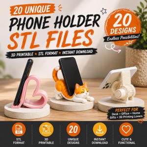 Op de afbeelding: Een digitaal productaanbod voor 20 unieke STL-bestanden voor telefoonhouders voor 3D-printen. De afbeelding toont drie fysieke voorbeelden: een roze hartvormige houder, een oranje-witte katvormige houder en een witte houder met tandwielontwerp.