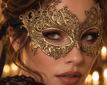 Gold Masquerade Mask, Venetian Lace Eye Mask for Women, Peacock Carnival Party Costume