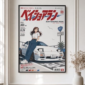 Puede incluir: Un póster enmarcado que muestra un coche deportivo blanco con faros retráctiles y una persona apoyada en el capó. El gráfico incluye texto en japonés, el título Bayshore Run, especificaciones técnicas del coche y una señal de tráfico.