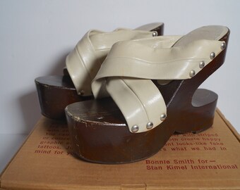 SABOTS by Kimel Vintage 60s 70s Leather Wood Sculptural Platform