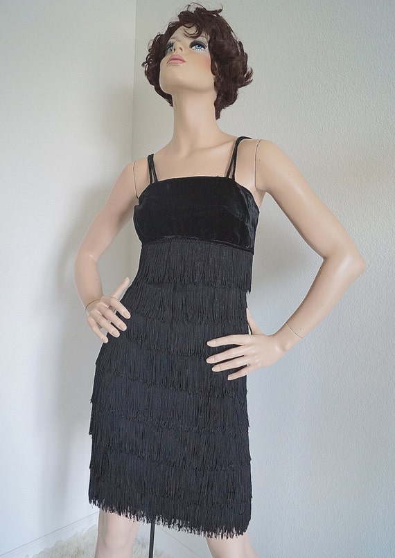 60s Little Black Dress / Flapper Fringe Dress / 1… - image 1
