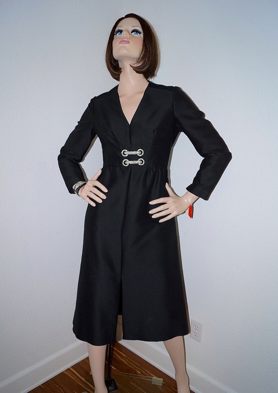 60s Joseph Magnin Black Wool Crepe Dress with Rhi… - image 3