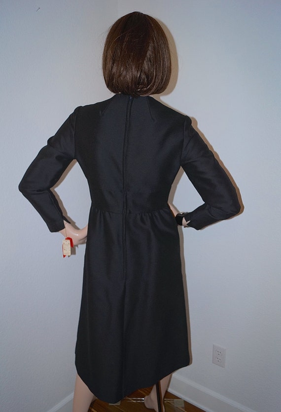 60s Joseph Magnin Black Wool Crepe Dress with Rhi… - image 5