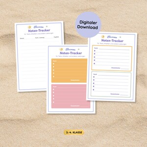 Pode incluir: Três folhas de rastreamento de notas imprimíveis com o texto Noten-Tracker, para testes e tarefas, com uma borda azul clara, um layout seccionado em amarelo e rosa e um círculo roxo com o texto Digitaler Download.
