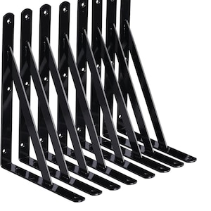 May include: A set of eight L-shaped metal shelf brackets with a glossy black finish. Each bracket features a vertical back plate with pre-drilled screw holes and a diagonal support brace connecting the vertical and horizontal sections for stability.