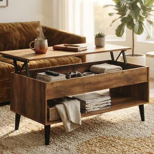 May include: A rectangular wooden coffee table with a lift-top mechanism, featuring a dark brown wood grain finish, four black tapered legs, and an open storage shelf underneath. The lifted top reveals a hidden compartment containing a remote.