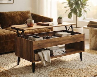 Lift Top Coffee Table, Modern Mid Century Coffee Table, Hidden Storage, Living Room Table, Home Office Desk, Honey Brown