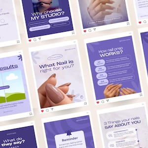 Può includere: Una raccolta di modelli per post sui social media per uno studio di onicotecnica con schemi di colore viola e bianco. Le grafiche includono testi sulla preparazione delle unghie, servizi dello studio e consigli di stile, con immagini di mani.