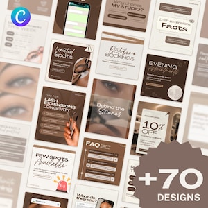 May include: A collection of social media templates for lash extension services featuring a brown and cream color palette. The designs include text such as Lash Extensions Facts, October Bookings, Behind the Scenes, and FAQ, with imagery of eyes and lash tools.