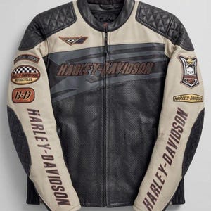 Harley Davidson Mens Black Beige Leather Racing Jacket Patched Perforated Motorcycle Apparel