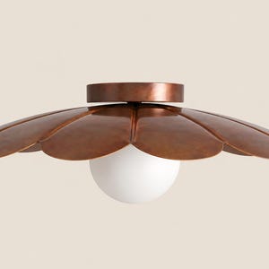 Handmade Brass Flower Flush Mount Light, Mid-Century Petal Shade, Opal Glass Globe