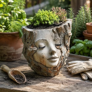 May include: A tree stump-shaped planter featuring a sculpted human face with closed eyes and serene expression. The exterior mimics textured bark in shades of gray and brown. A small green succulent plant grows from the top opening of the planter.
